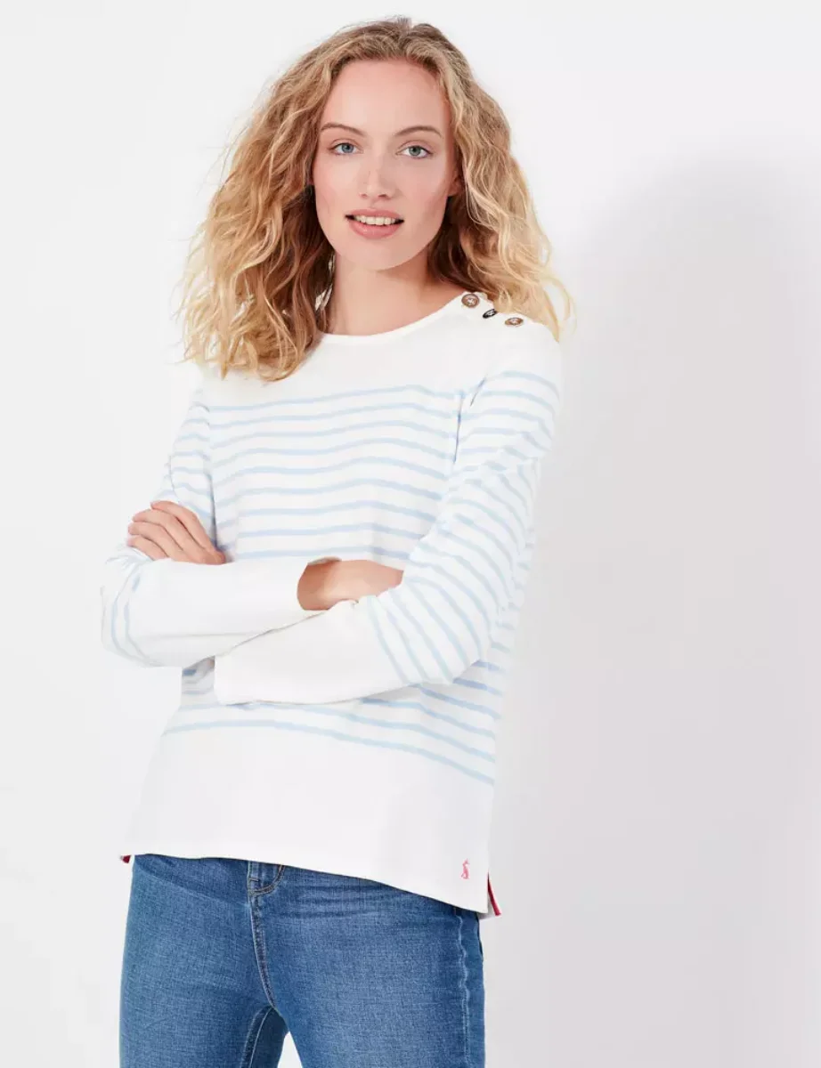 Joules Womens Seacombe Button Shoulder Stripe Top | Cream/Blue