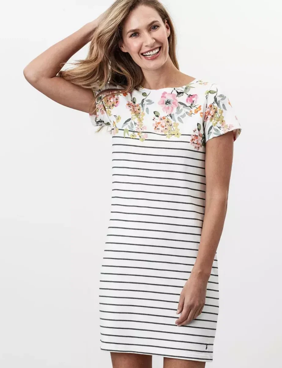 Joules Womens Riviera Short Sleeve Jersey Dress | Cream/Green Floral Stripe