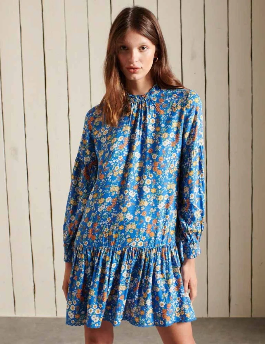 Superdry Women's High Neck Mini Dress | Blue Ditsy