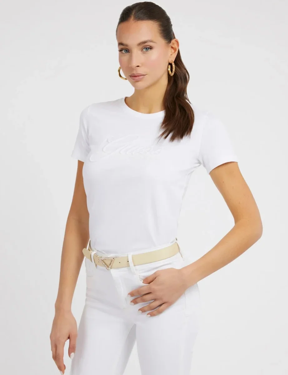 Guess Embroidered Script Logo T-Shirt | White