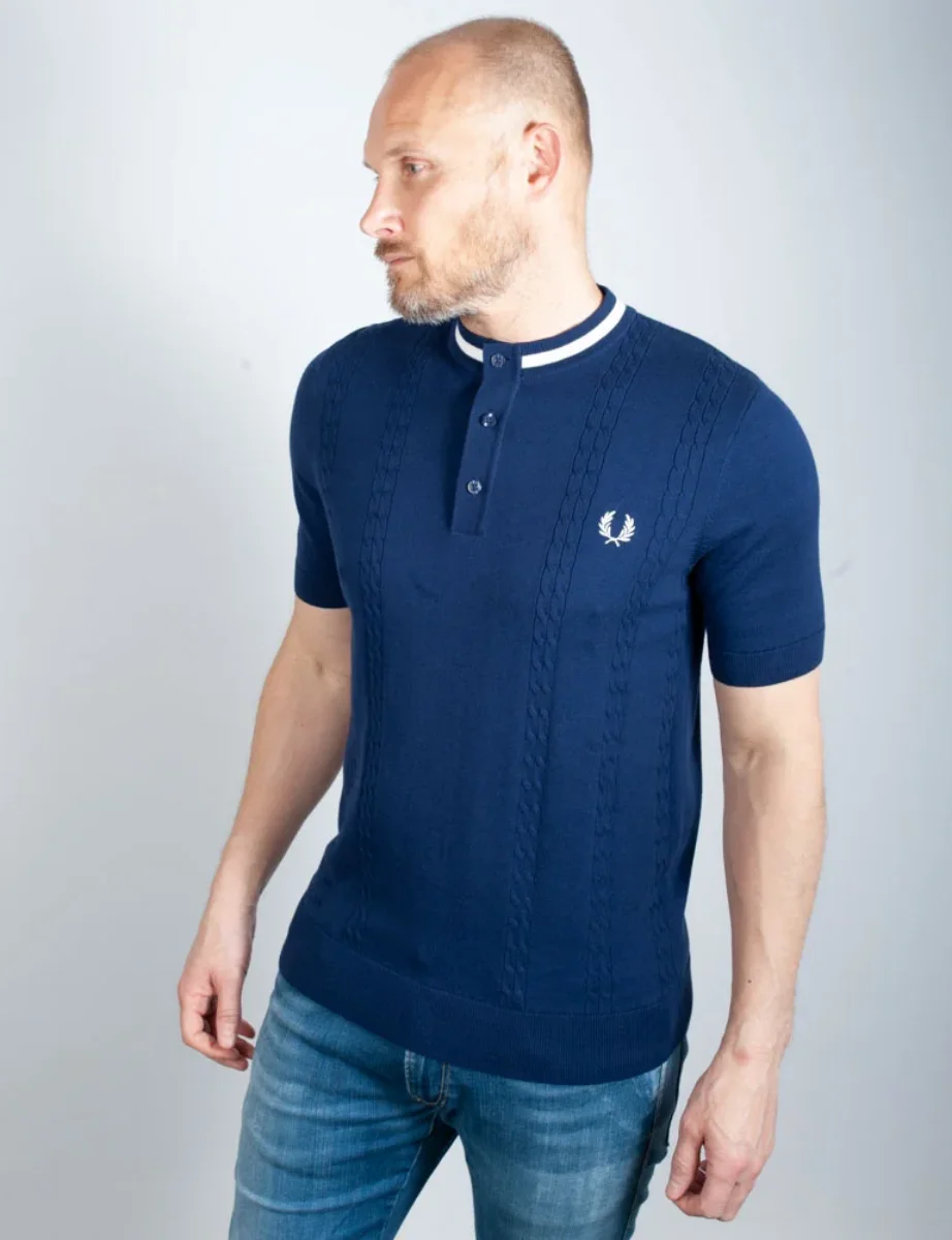 Cockney Rebel Fashions. Fred Perry Cable Knit Henley Neck Shirt