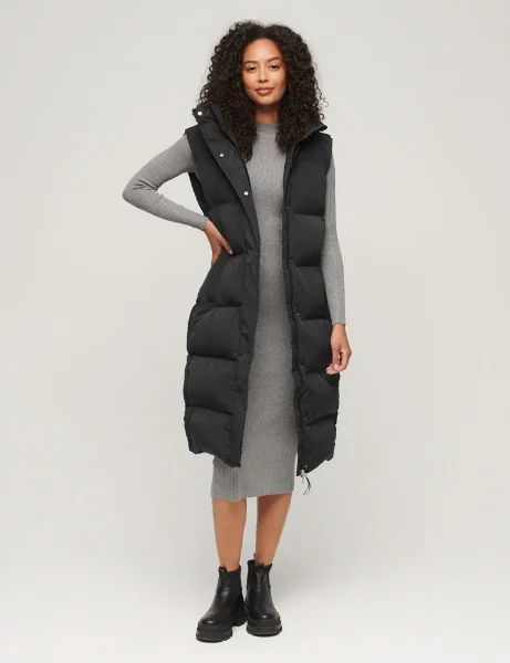 Superdry Studios Longline Hooded Padded Gilet | Black Superdry Studios Longline Hooded Padded Gilet | Black