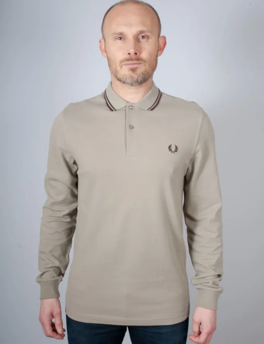 Fred Perry Long Sleeve Twin Tipped Polo | Warm Grey / Carrington Brick