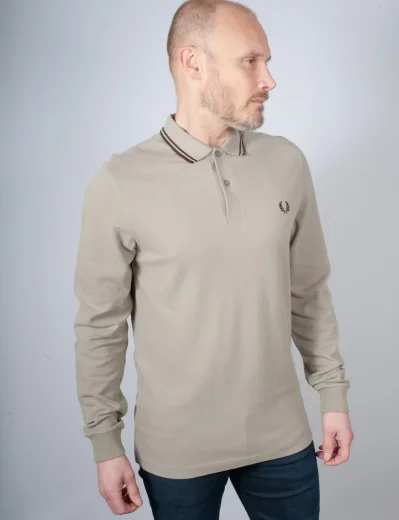 Fred Perry Long Sleeve Twin Tipped Polo | Warm Grey / Carrington Brick
