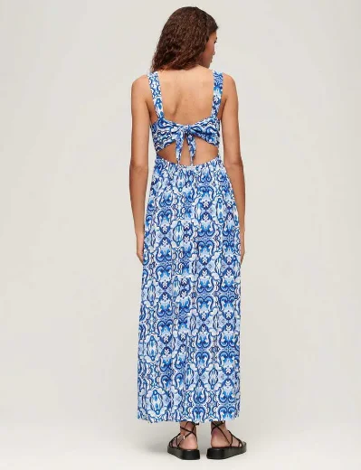 Superdry Tie Back Maxi Dress | Tile Print Blue 