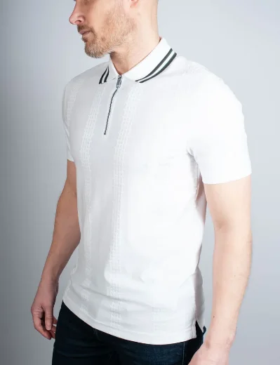 Ted Baker ORBITE Slim Fit Jacquard Zip Neck Polo Shirt | White