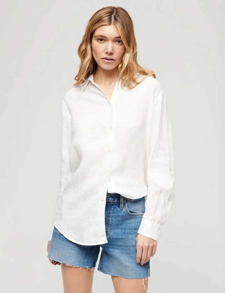 Superdry Women's Casual Linen Boyfriend Shirt | Optic White