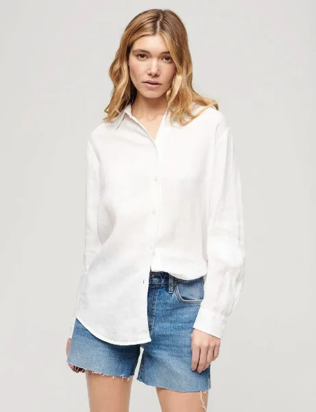 Superdry Women's Casual Linen Boyfriend Shirt | Optic White Superdry Women's Casual Linen Boyfriend Shirt | Optic White
