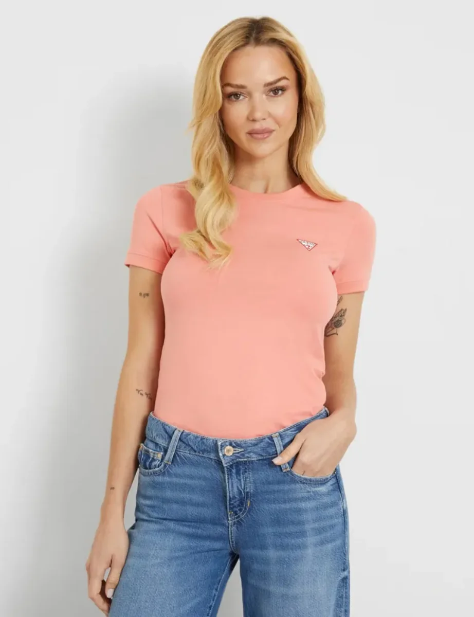 Guess Womens Mini Triangle Crew Neck T-Shirt | Coral Pink