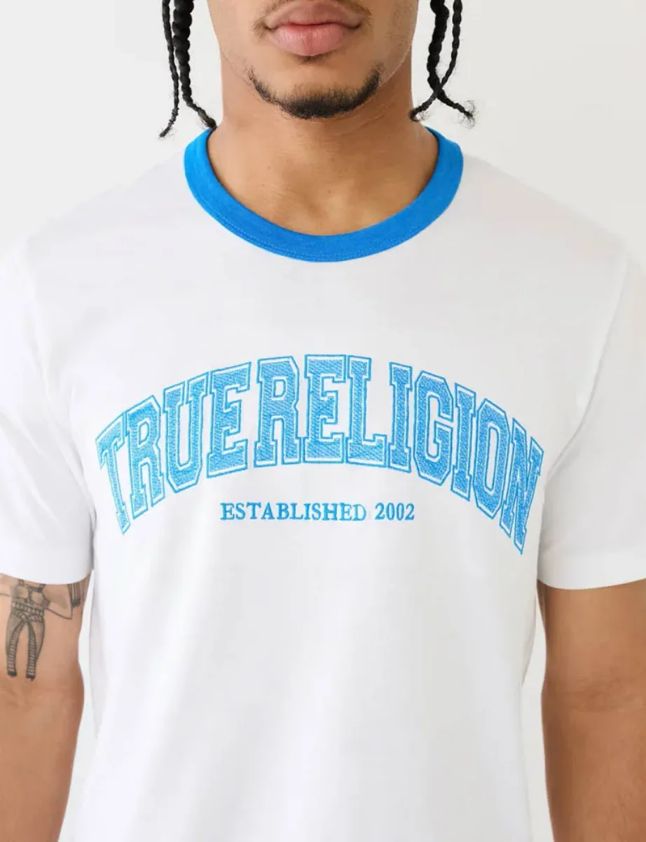 True Religion Collegiate Embroidered Logo Ringer T-Shirt | White