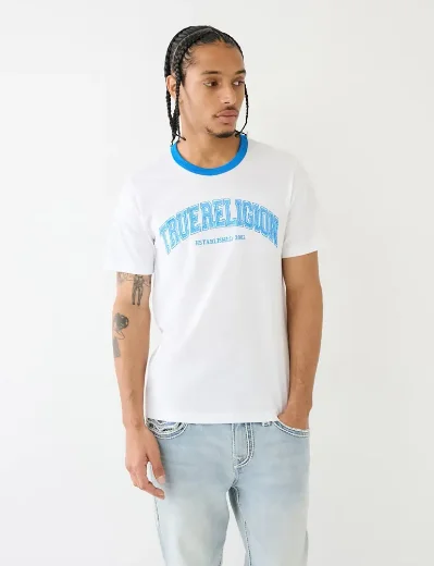 True Religion Collegiate Embroidered Logo Ringer T-Shirt | White