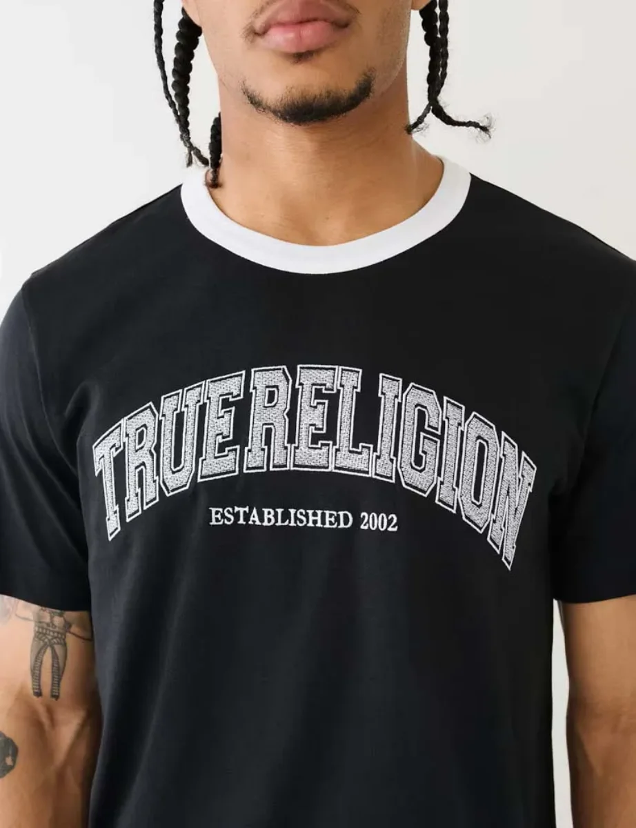 True Religion Collegiate Embroidered Logo Ringer T-Shirt | Black