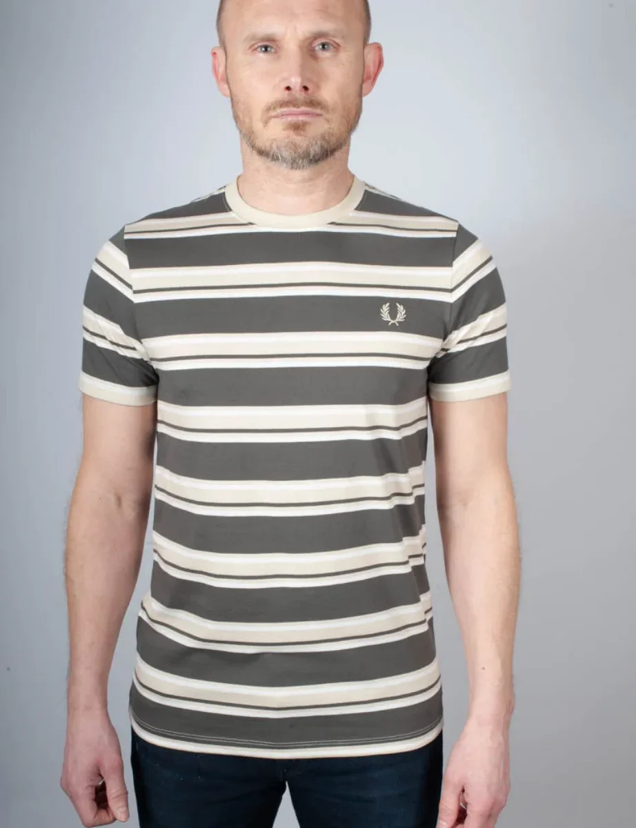 Fred Perry Stripe Crew Neck T-Shirt | Field Green / Oatmeal
