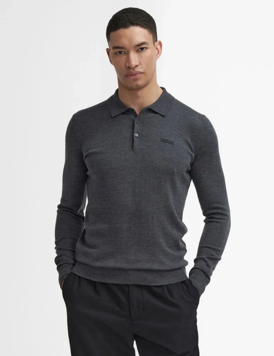 Barbour Intl Merlin Merino Knit Polo Jumper | Charcoal