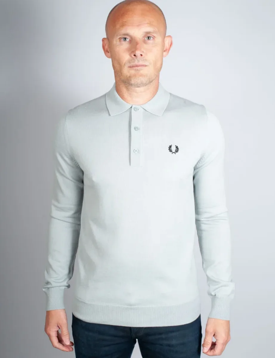 Cockney Rebel Fashions. Fred Perry Long Sleeve Knitted Polo Shirt Silver Blue