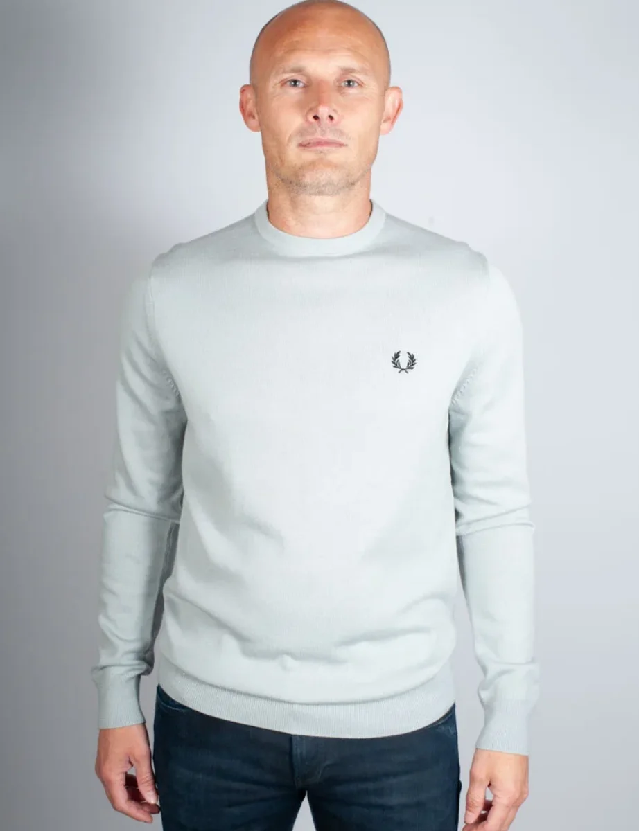 Cockney Rebel Fashions. Fred Perry Classic Crew Neck Knitted Jumper Silver Blue