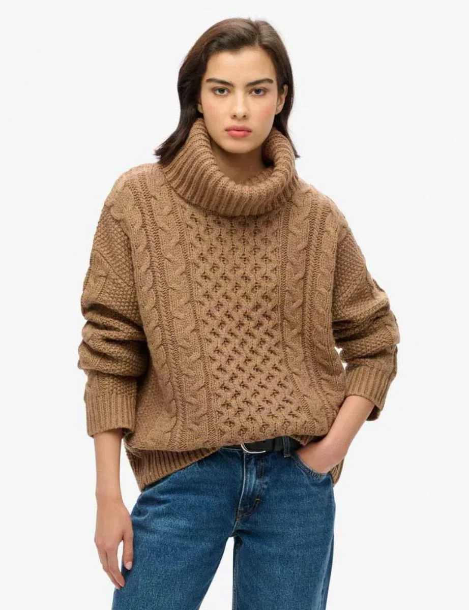 Superdry Women's Cable Roll Neck Jumper / Caramel Twist