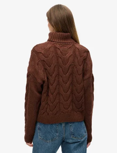 Superdry Women's Chain Cable Knit Polo Jumper / Brown Chicory Twist