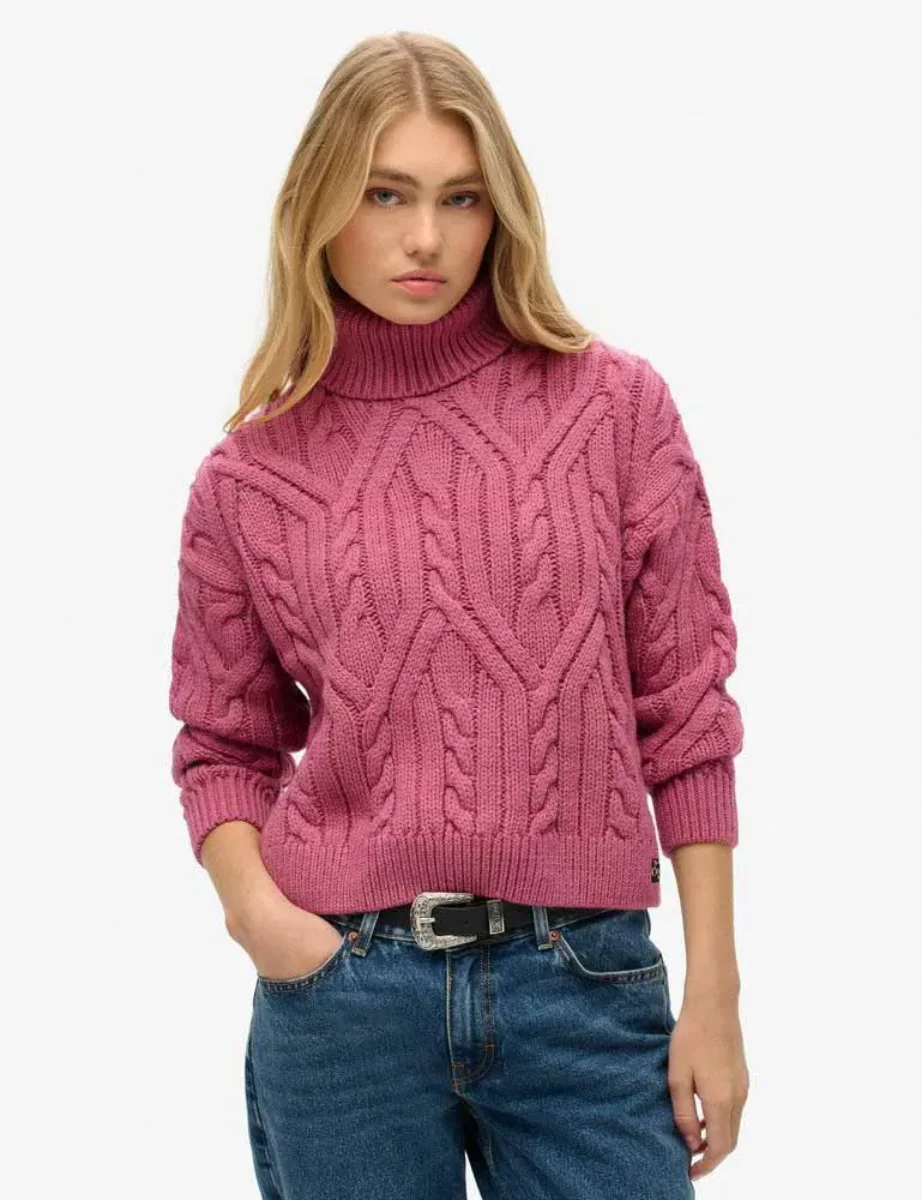 Superdry Women's Twist Cable Knit Polo Jumper / Papaya Pink Twist