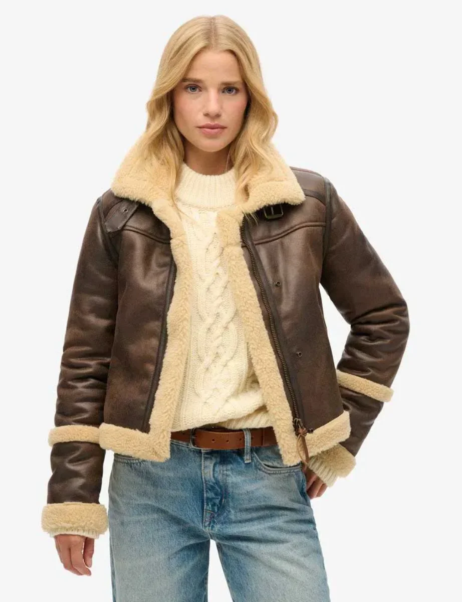 Superdry Women's Faux Shearling Cropped Aviator Jacket / Dark Brown