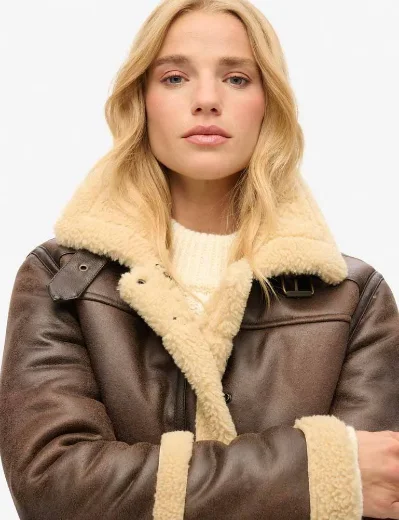 Superdry Women's Faux Shearling Cropped Aviator Jacket / Dark Brown