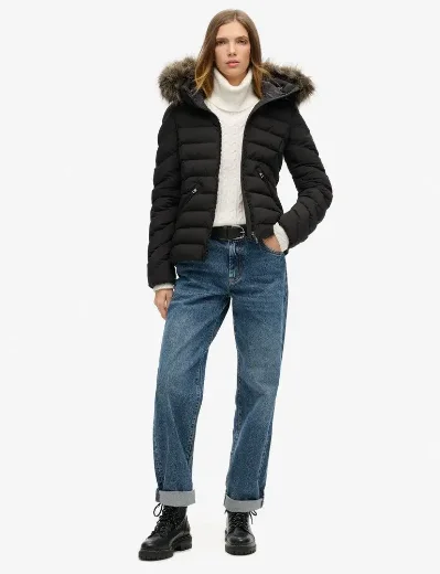 Superdry Fuji Faux Fur Hooded Padded Jacket / Black