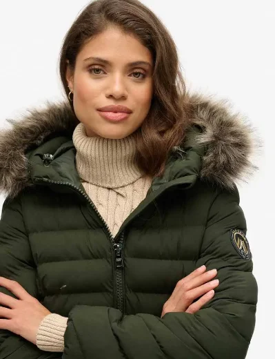 Superdry Fuji Faux Fur Hood Mid Length Jacket / Olive Green