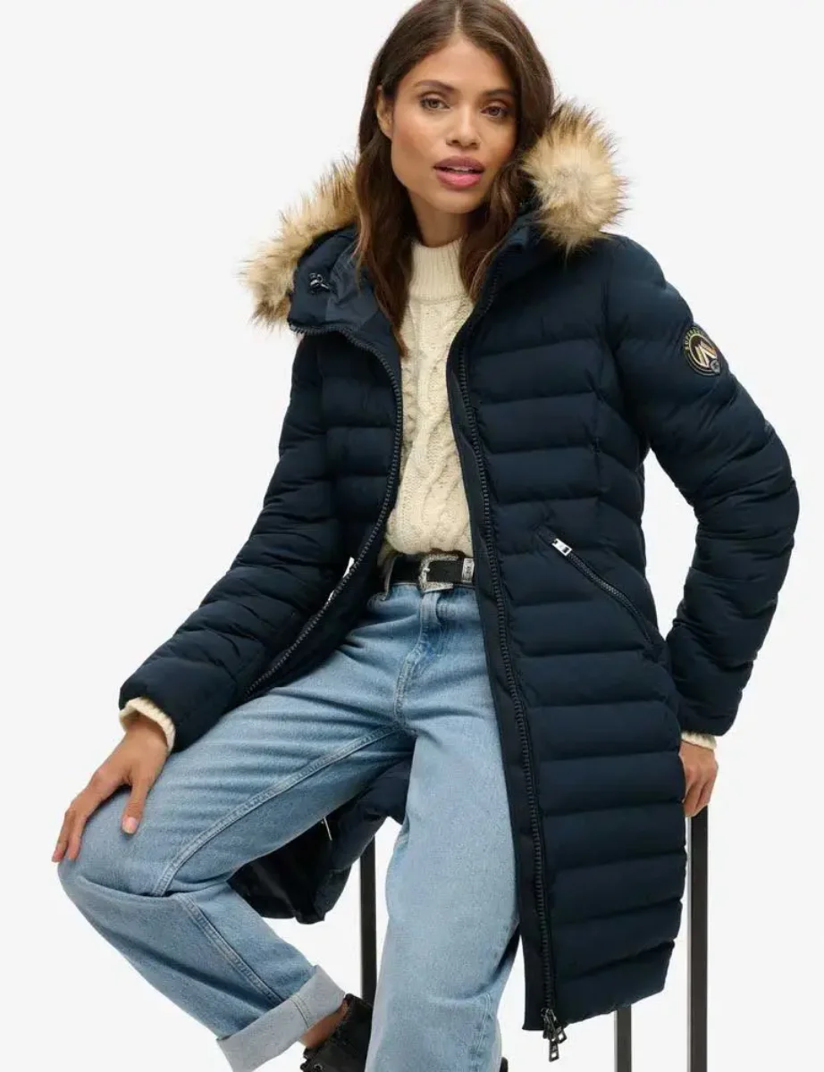 Superdry Fuji Faux Fur Hood Mid Length Jacket / Eclipse Navy