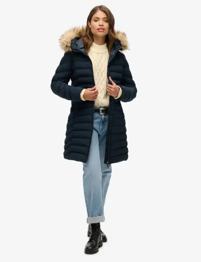 Superdry Fuji Faux Fur Hood Mid Length Jacket / Eclipse Navy