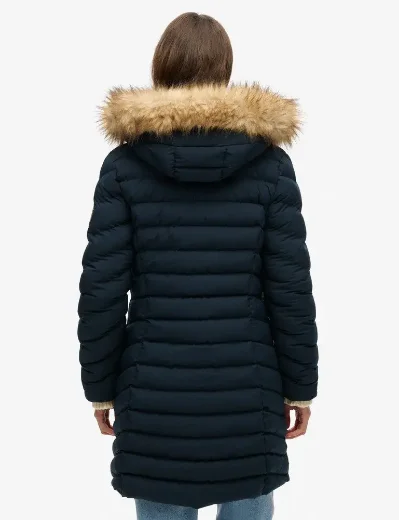 Superdry Fuji Faux Fur Hood Mid Length Jacket / Eclipse Navy