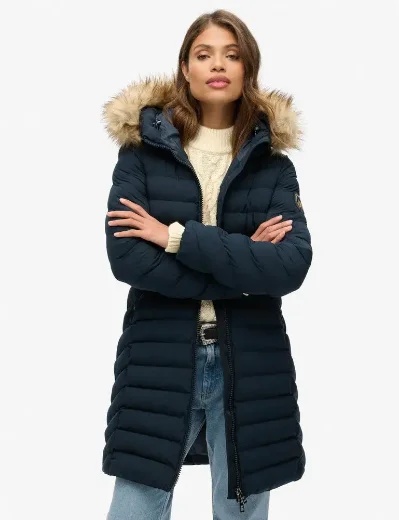 Superdry Fuji Faux Fur Hood Mid Length Jacket / Eclipse Navy