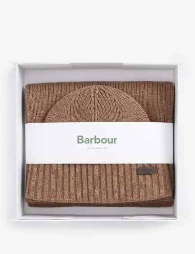 Barbour Carlton Fleck Beanie & Scarf Gift Set | Sandstone