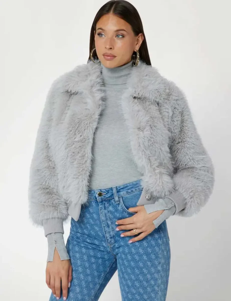 Cockney Rebel Fashions. Guess Soave Faux Fur Bomber Jacket Grey