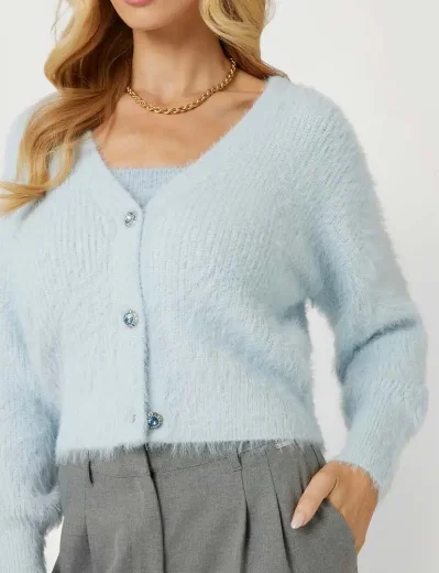 Guess Womens Keyla Fuzzy Yarn Cardigan | Light Blue