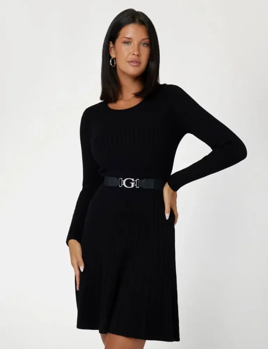 Guess Womens Paige Long Sleeve Ribbed Fit & Flare Dress | Black