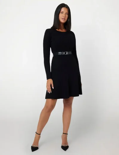 Guess Womens Paige Long Sleeve Ribbed Fit & Flare Dress | Black