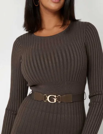 Guess Womens Paige Long Sleeve Ribbed Fit & Flare Dress | Brown