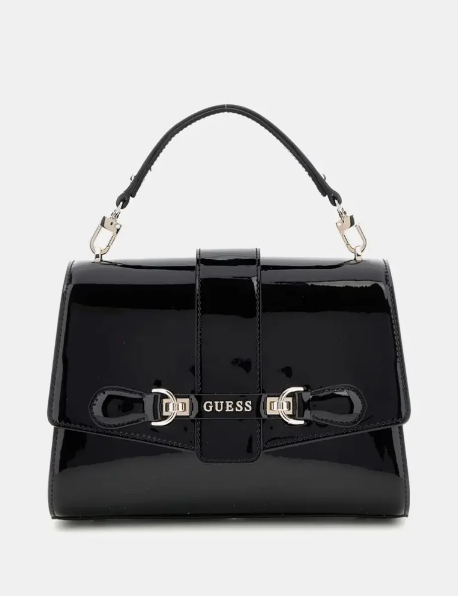 Guess Womens Nolana Top Handle Mini Handbag | Black Patent