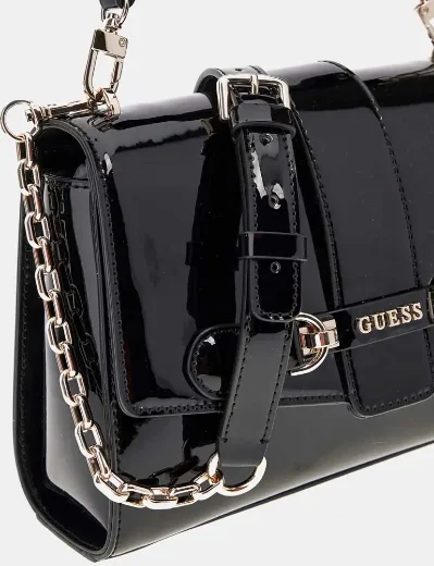 Guess Womens Nolana Top Handle Mini Handbag | Black Patent