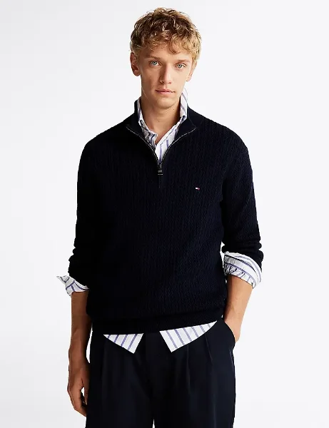Tommy Hilfiger Herringbone Knit Half Zip Jumper | Desert Sky Tommy Hilfiger Herringbone Knit Half Zip Jumper | Desert Sky