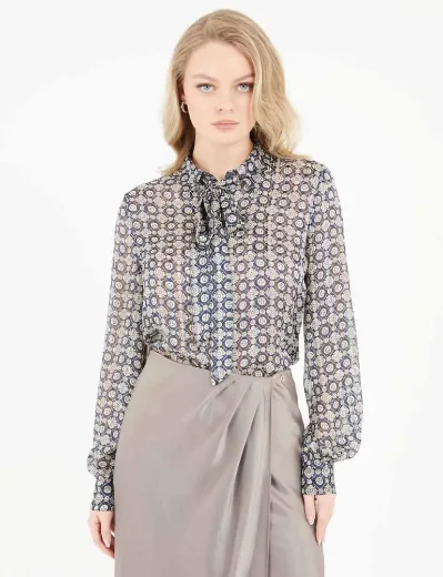 Guess Women's Oriane Bow Tie Neck Shirt | Blue\White