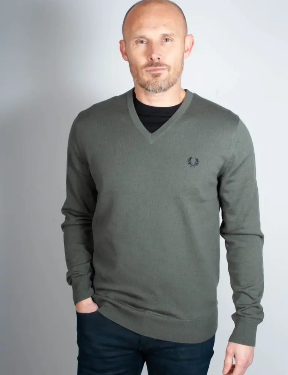 Fred Perry Classic V Neck Knitted Jumper | Field Green