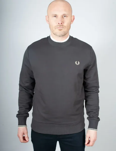 FRED PERRY☆ Crew Neck Sweatshirt ANCHOR GREY / OATMEAL Cockney Rebel Fashions. Fred Perry Crew Neck Sweatshirt