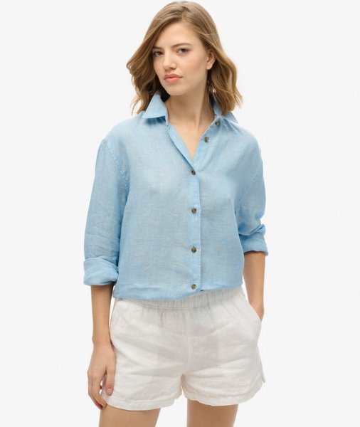 Superdry Casual Linen Boyfriend Shirt | Sea Blue Chambary Superdry Casual Linen Boyfriend Shirt | Sea Blue Chambary