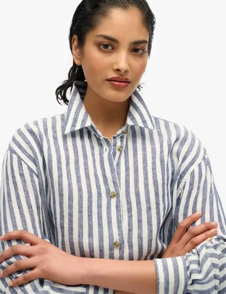 Superdry Casual Linen Boyfriend Shirt | Blue Wide Stripe Superdry Casual Linen Boyfriend Shirt | Blue Wide Stripe