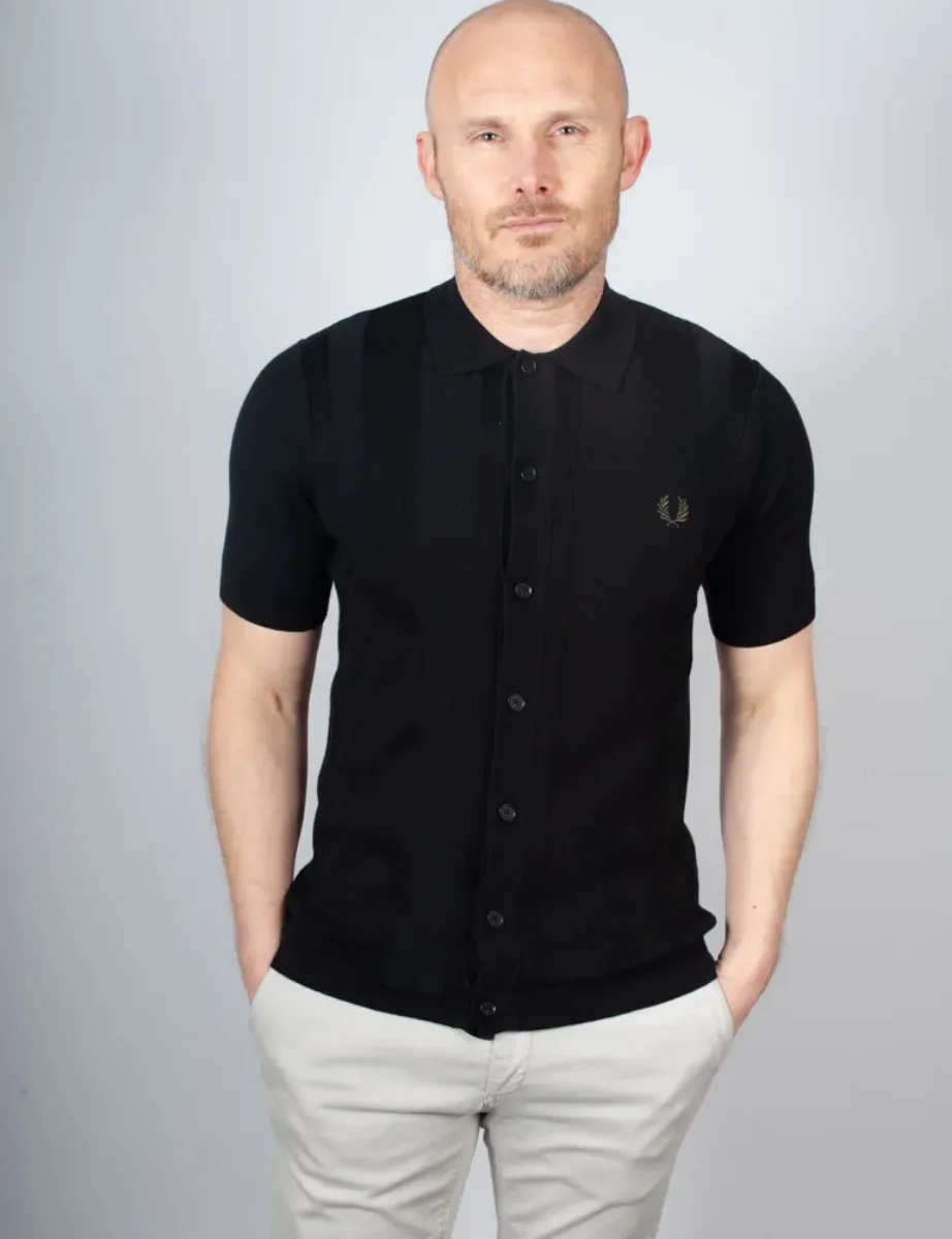 Fred Perry Button Through SS Knitted Shirt | Black