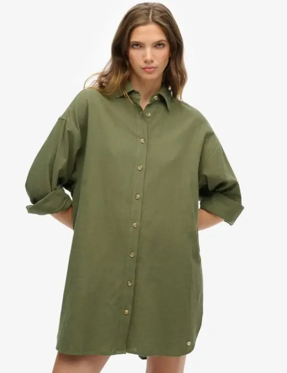 Superdry Ibiza Longline Beach Shirt | Beetle Green