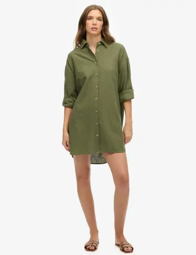 Superdry Ibiza Longline Beach Shirt | Beetle Green