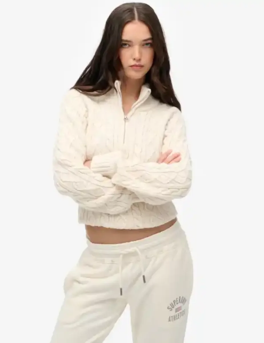 Superdry Slim Cable Half Zip Knit Jumper | Ecru