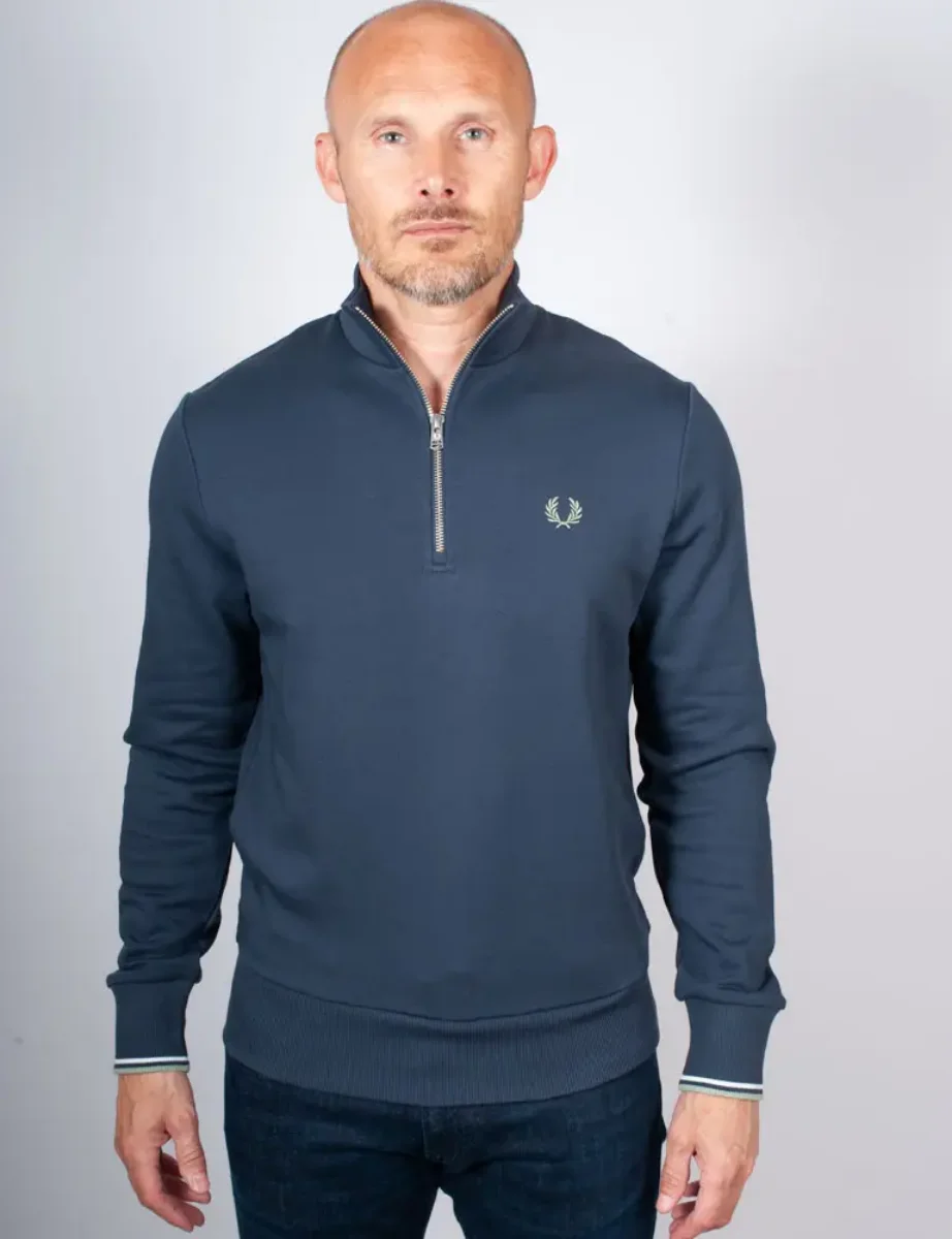 Fred Perry Half Zip Sweatshirt | Dark Airforce/Ice/Bayleaf